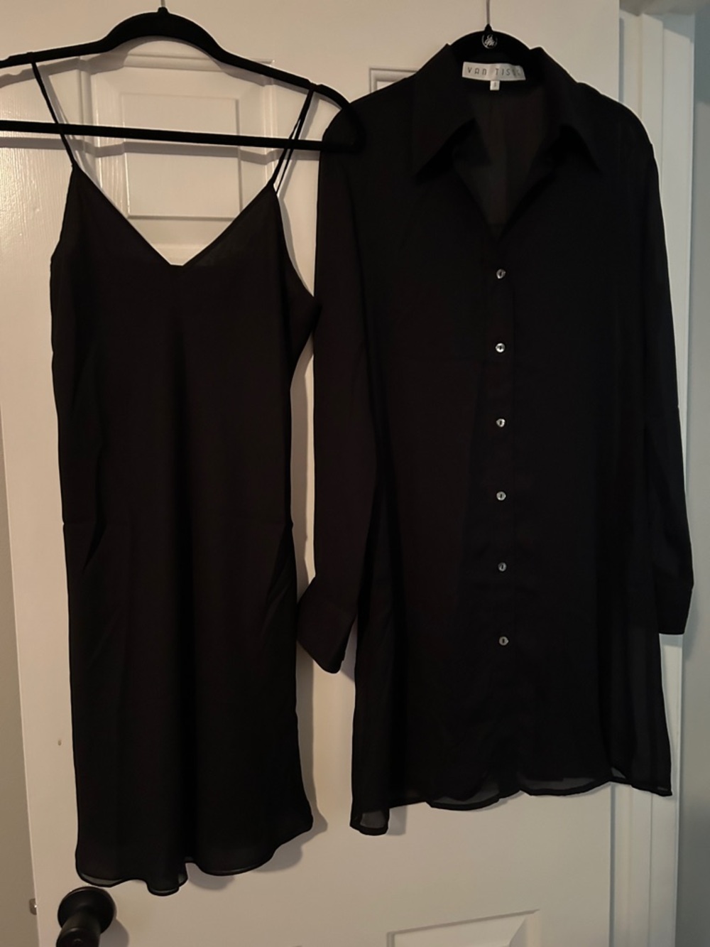 Black Slip Midi Dress with Sheer Shirt Jacket